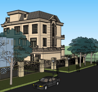 欧式古典独栋别墅草图大师模型，sketchup别墅su模型下载