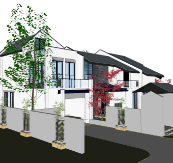 新中式独栋别墅草图大师模型，sketchup别墅su模型下载