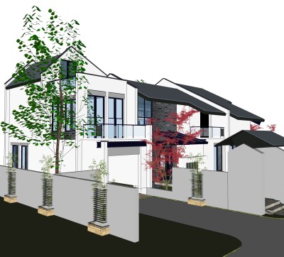 新中式独栋别墅草图大师模型，sketchup别墅su模型下载