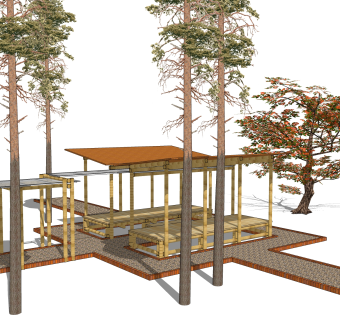 现代竹制凉亭su模型，凉亭草图大师模型下载
