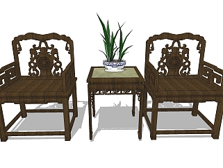 中式精品桌椅组合SU模型，单椅sketchup模型下载
