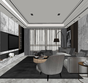  现代轻奢客餐厅su模型，客厅沙发桌椅组合草图大师模型下载