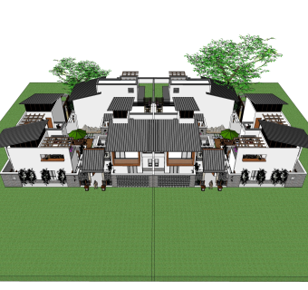 中式联排别墅su模型，别墅skb文件下载