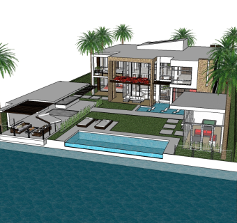 现代滨水别墅skb文件，别墅草图大师模型下载