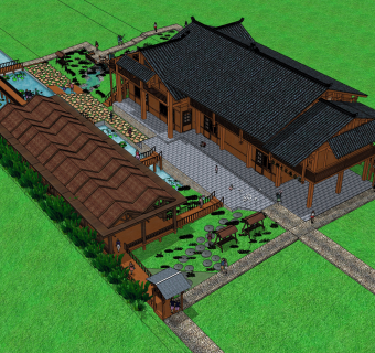 中式民宿建筑草图大师模型，建筑skp模型下载