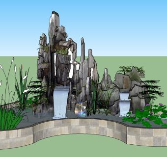 假山水池su模型下载、假山水池草图大师模型下载