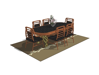 现代实木餐桌椅su模型，家庭用餐桌skp模型下载