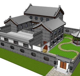 中式别墅建筑草图大师模型，古建民俗sketchup模型免费下载