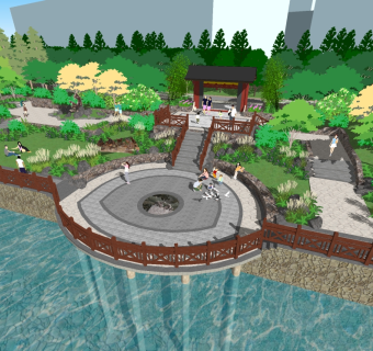 现代带状公园滨水景观草图大师模型，带状公园滨水景观sketchup模型下载
