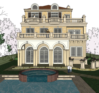 法式独栋别墅草图大师模型下载，sketchup别墅外观su模型分享