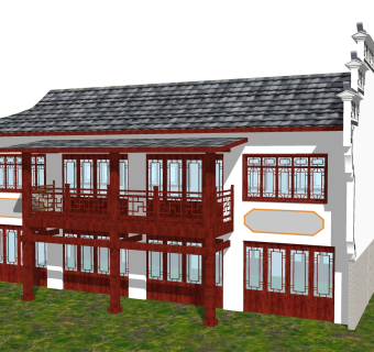 新中式徽派建筑草图大师模型，古建民俗sketchup模型免费下载