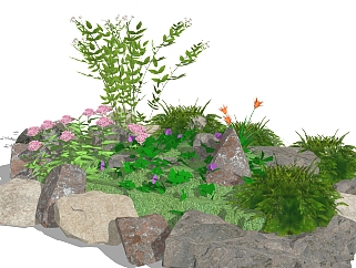 <em>假山石景观</em>sketchup模型，花卉<em>景观</em>植物skp文件下载