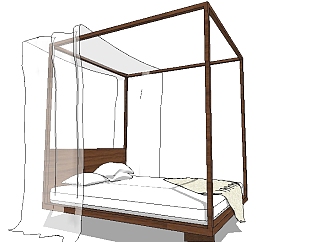 新中式双人床草图大师模型，双人床sketchup模型