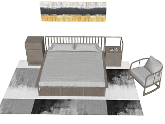 新中式床柜组合sketchup模型，床柜组合skp模型下载