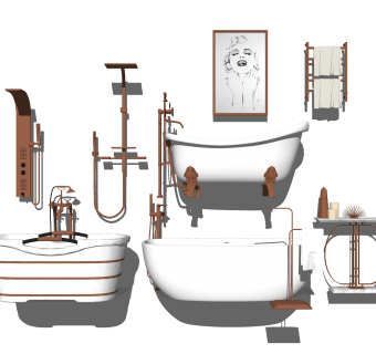 现代浴缸摆件组合su模型，浴缸草图大师模型下载