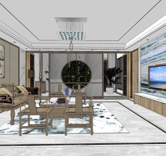 中式别墅客餐厅su模型，别墅客餐厅草图大师模型下载