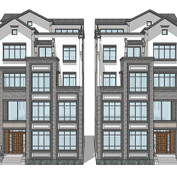 新中式徽派建筑草图大师模型，古建民俗sketchup模型免费下载