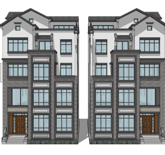 新中式徽派建筑草图大师模型，古建民俗sketchup模型免费下载