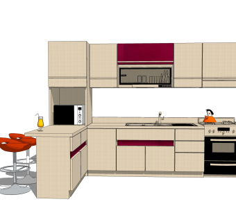 现代橱柜草图大师模型，L形橱柜sketchup模型下载