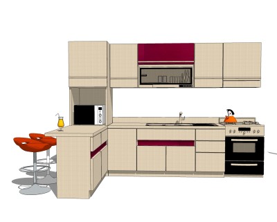现代橱柜草图大师模型，L形橱柜sketchup模型下载