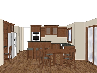 美式橱柜草图大师免费模型，岛型厨房柜sketchup模型下载