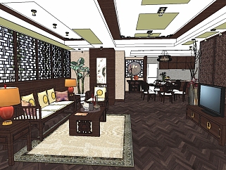 中式客厅草图大师模型下载，客厅sketchup模型