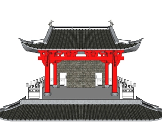 中式古建戏台免费su模型下载、古建戏台草图大师模型下载