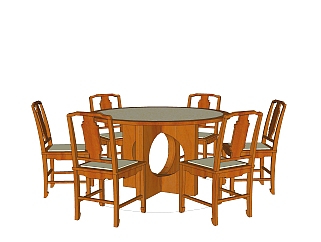 中式圆形餐桌椅su模型，古代桌子大圆桌草图大师模型下载