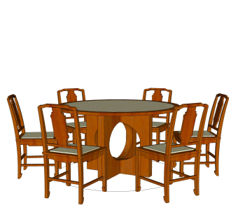 中式圆形餐桌椅su模型，古代桌子大圆桌草图大师模型下载