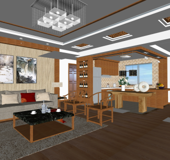 中式风格样板房室内场景草图大师模型，家装SU模型下载