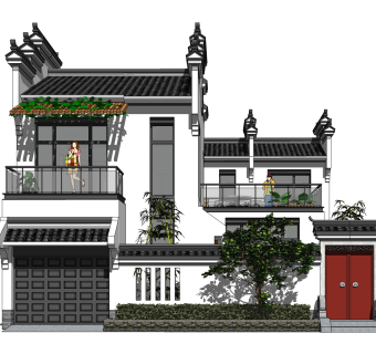 新中式徽派建筑草图大师模型，古建民俗sketchup模型免费下载