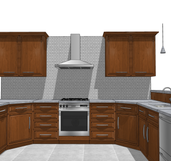 美式实木岛型橱柜sketchup模型，厨房柜草图大师模型下载