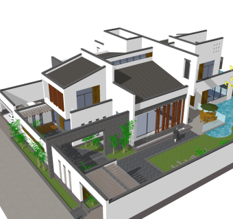 新中式别墅外观草图大师模型，别墅外观sketchup模型免费下载