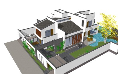 新中式别墅外观草图大师模型，别墅外观sketchup模型免费下载