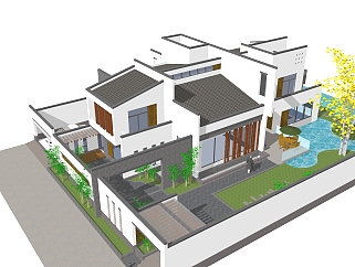 新中式别墅外观草图大师模型，别墅外观sketchup模型免费下载