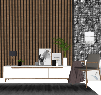 现代实木电视柜单椅组合su模型，柜子草图大师模型下载