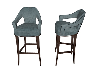 现代实木布艺吧椅su模型，固定吧椅草图大师模型下载