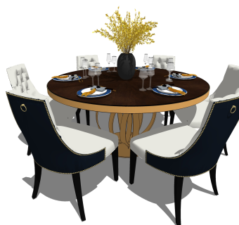 美式餐桌台su模型，圆形餐桌椅家用餐桌椅草图大师模型下载