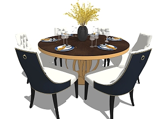 美式餐桌台su模型，圆形餐桌椅家用餐桌椅草图大师模型下载