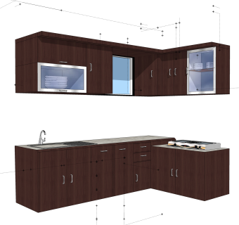现代L形橱柜sketchup模型，厨房柜草图大师模型下载