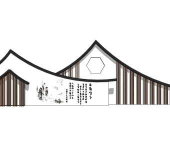 中式景观墙SU模型下载，景观墙skb模型分享