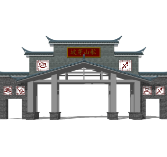 中式小区大门入口草图大师模型，小区大门入口sketchup模型免费下载