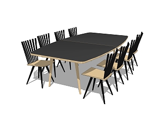 北欧实木餐桌椅su模型，八人餐桌草图大师模型下载