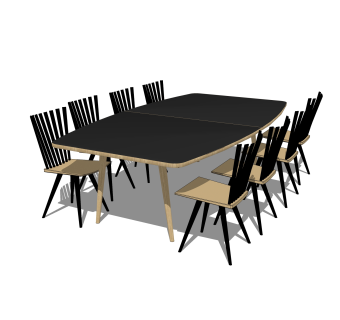 北欧实木餐桌椅su模型，八人餐桌草图大师模型下载