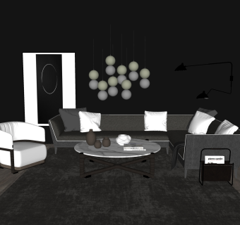 现代布艺沙发组合草图大师模型，沙发组合skp模型下载