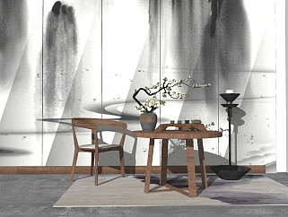 7新中式休闲桌椅组合su模型，休闲桌椅sketchup模型下载