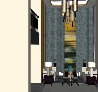 新中式客厅su模型，客厅沙发茶桌灯具草图大师模型下载