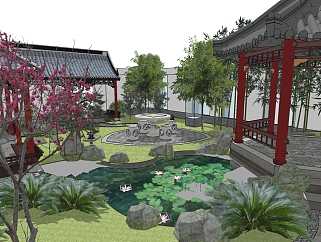 中式屋顶花园景观su模型下载、花园荷塘景观草图大师模型下载