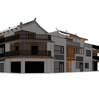 新中式沿街商业建筑免费su模型下载、商业街草图大师模型下载