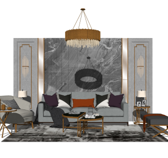 后现代轻奢沙发组合su模型，客厅沙发茶几组合sketchup模型下载